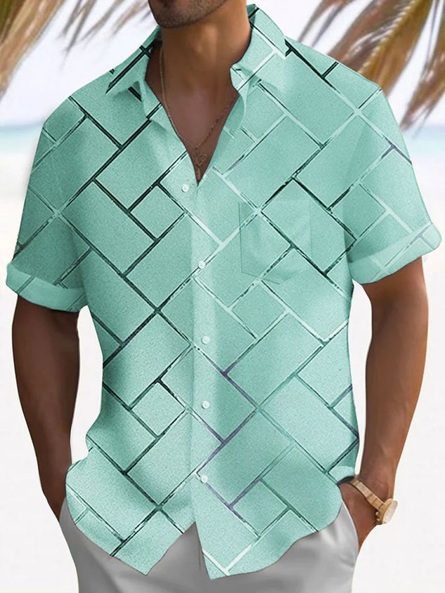 Retro Geometric 3D Tech Print Men's Button Pocket Short Sleeve Shirt
