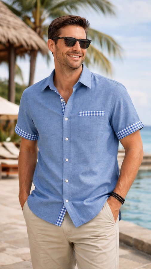 Vintage Basic Plaid Print Men's Button Pocket Short Sleeve Shirt Big & Tall