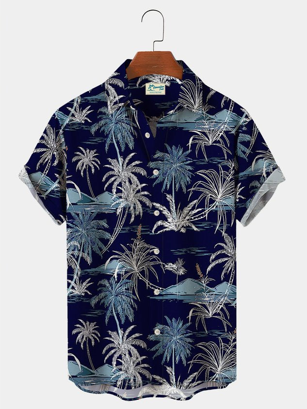 Cotton Linen Nature  Fiber Hawaiian Coconut Tree Blue Print Chest Bag Shirt Plus Size Holiday Shirt