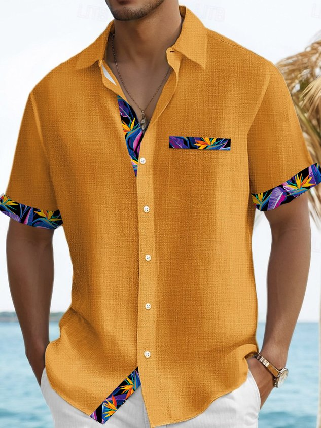 Vintage Hawaiian Floral Print Men's Button Pocket Short Sleeve Shirt Big & Tall