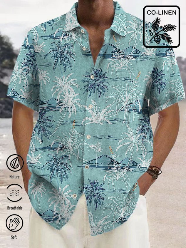 Cotton Linen Nature  Fiber Hawaiian Coconut Tree Blue Print Chest Bag Shirt Plus Size Holiday Shirt