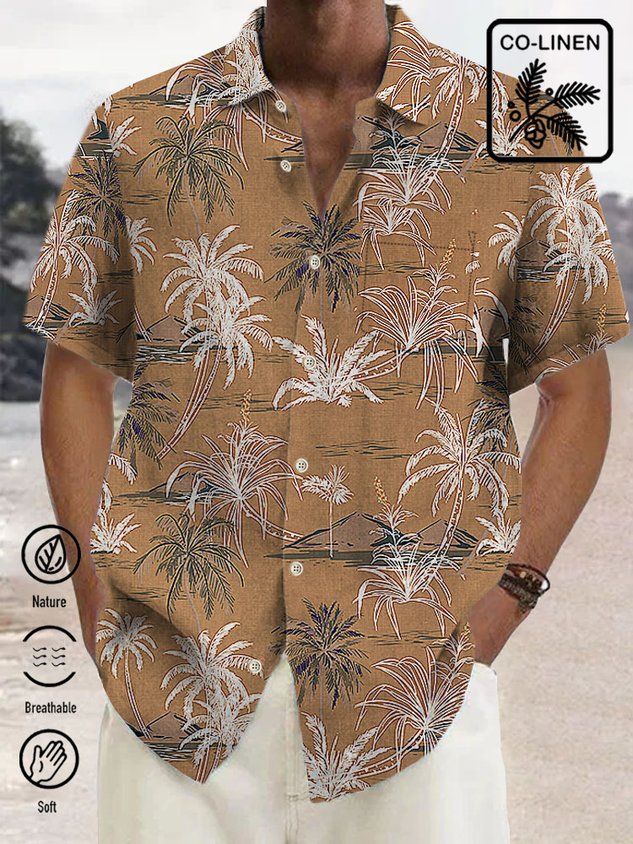Cotton Linen Nature  Fiber Hawaiian Coconut Tree Blue Print Chest Bag Shirt Plus Size Holiday Shirt