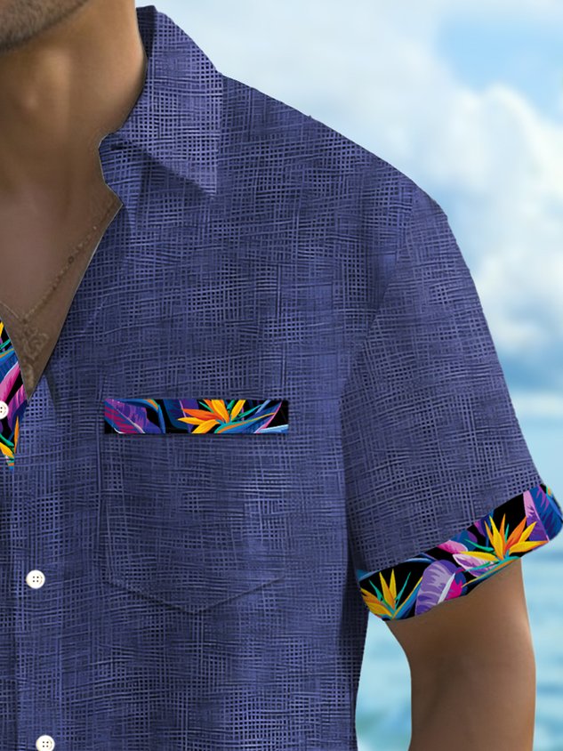 Vintage Hawaiian Floral Print Men's Button Pocket Short Sleeve Shirt Big & Tall