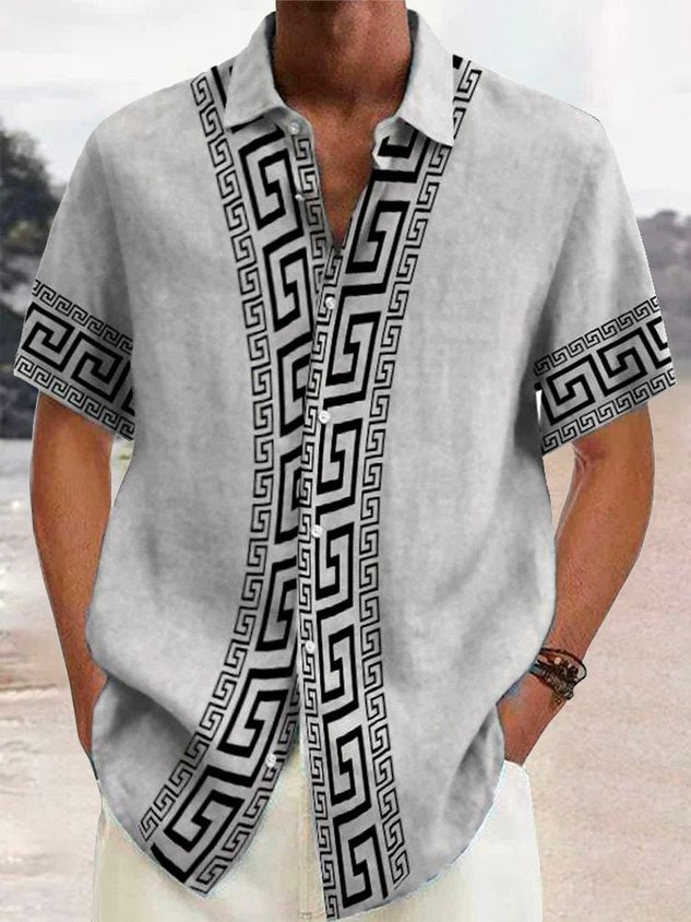 Retro Geometric Baroque Style Print Men's Button Pocket Short Sleeve Shirt