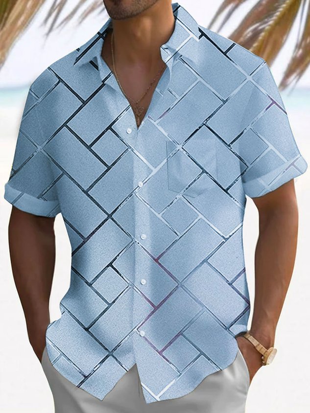 Retro Geometric 3D Tech Print Men's Button Pocket Short Sleeve Shirt