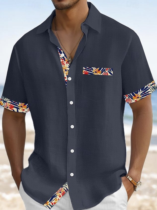 Hawaiian Floral Print Men's Button Pocket Short Sleeve Shirt Big & Tall