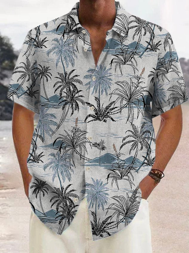 Cotton Linen Nature  Fiber Hawaiian Coconut Tree Blue Print Chest Bag Shirt Plus Size Holiday Shirt