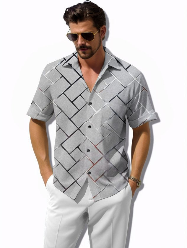 Retro Geometric 3D Tech Print Men's Button Pocket Short Sleeve Shirt
