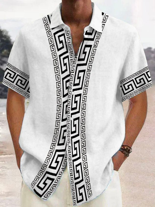 Retro Geometric Baroque Style Print Men's Button Pocket Short Sleeve Shirt