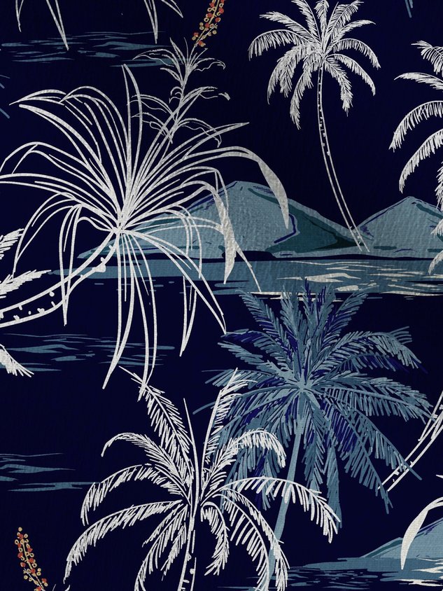 Cotton Linen Nature  Fiber Hawaiian Coconut Tree Blue Print Chest Bag Shirt Plus Size Holiday Shirt