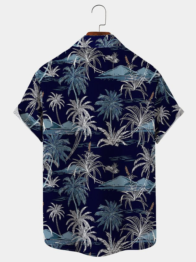 Cotton Linen Nature  Fiber Hawaiian Coconut Tree Blue Print Chest Bag Shirt Plus Size Holiday Shirt