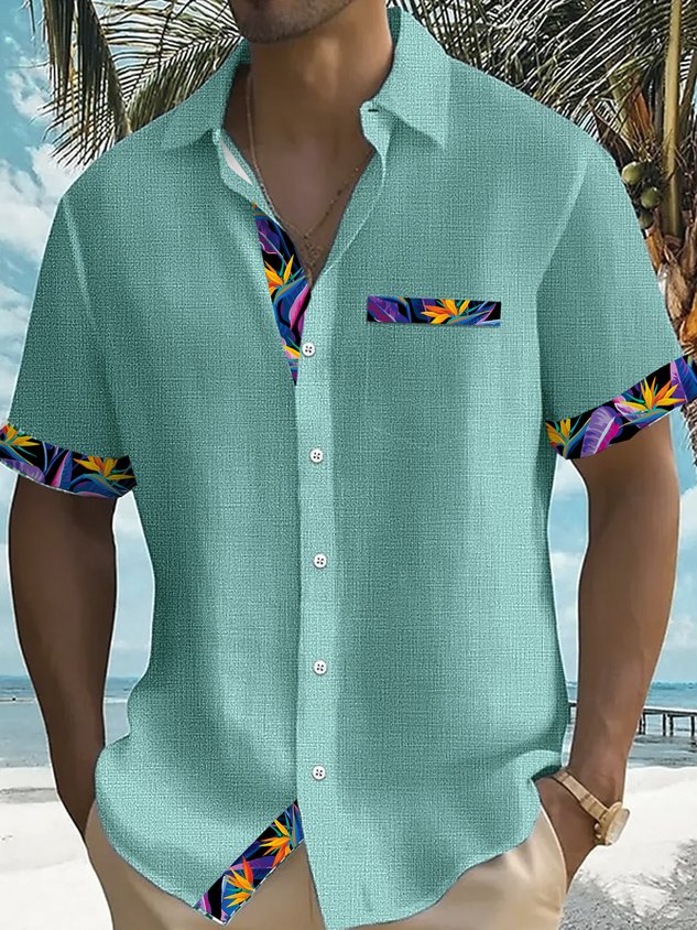 Vintage Hawaiian Floral Print Men's Button Pocket Short Sleeve Shirt Big & Tall