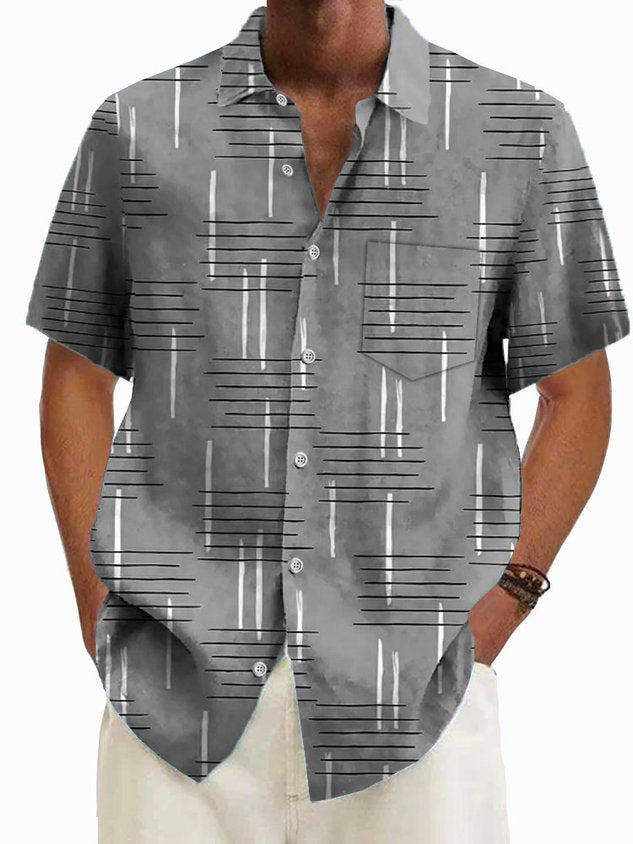 Retro Geometric Print Men's Button Pocket Short Sleeve Shirt