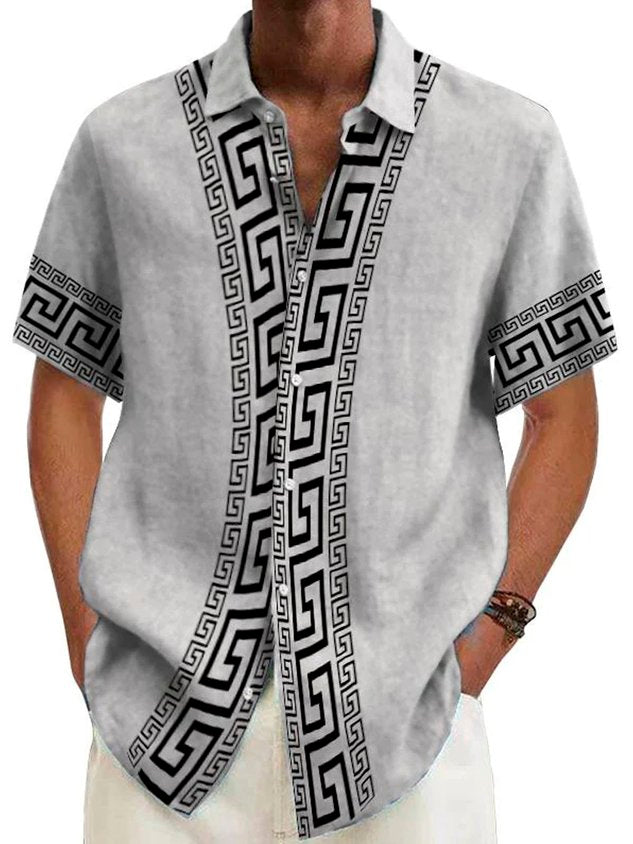 Retro Geometric Baroque Style Print Men's Button Pocket Short Sleeve Shirt