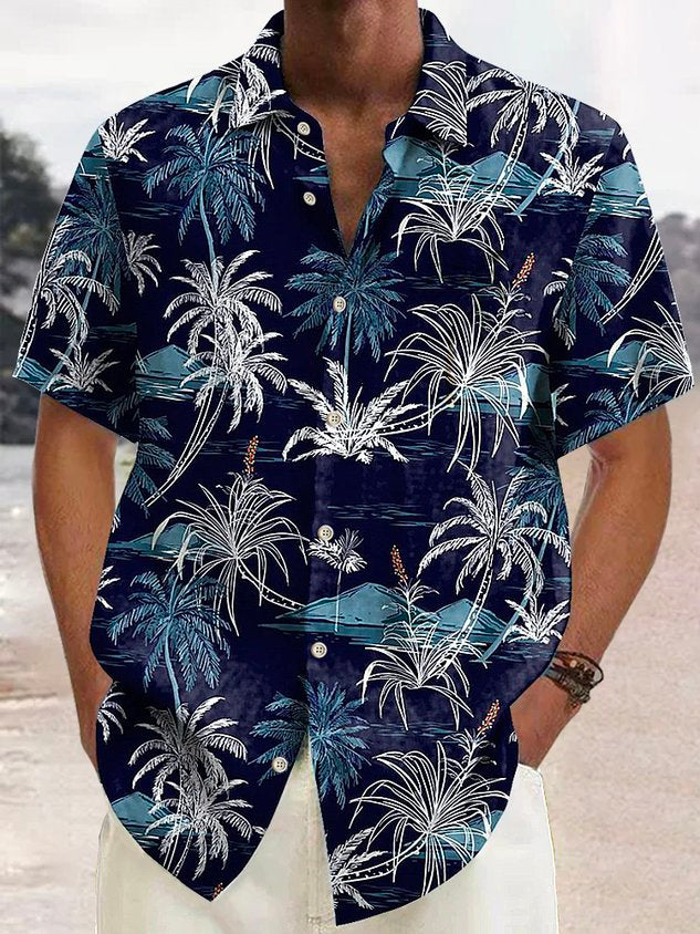 Cotton Linen Nature  Fiber Hawaiian Coconut Tree Blue Print Chest Bag Shirt Plus Size Holiday Shirt