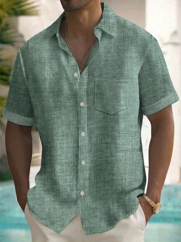 Men's Retro Textured Solid Green Casual Short Sleeve Button Down Hawaiian Shirt Big & Tall