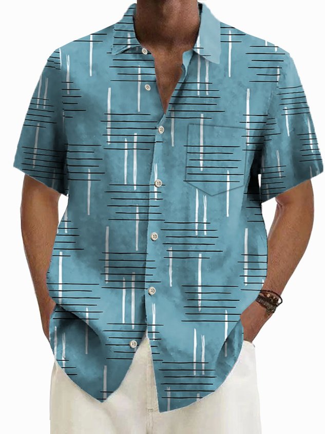 Retro Geometric Print Men's Button Pocket Short Sleeve Shirt