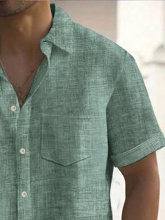 Men's Retro Textured Solid Green Casual Short Sleeve Button Down Hawaiian Shirt Big & Tall