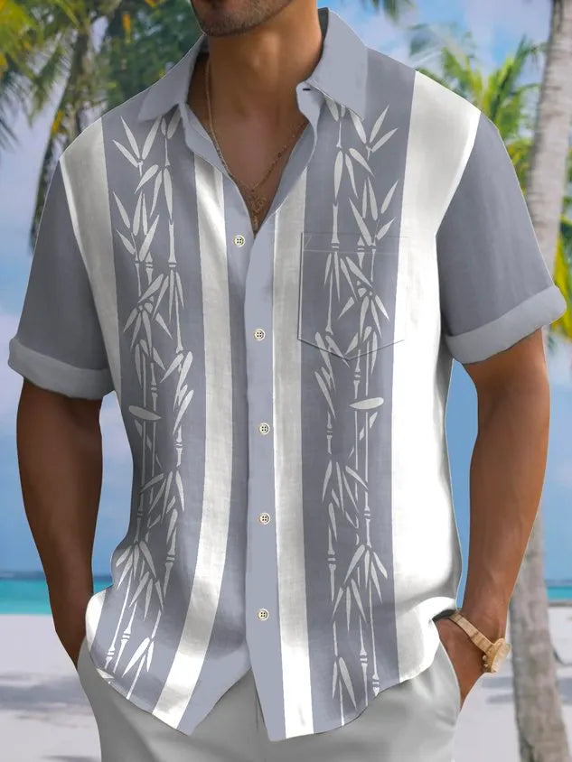 Pocket Vintage Bowling Plant Bamboo Print Beach Men's Hawaiian Big And Tall Shirt