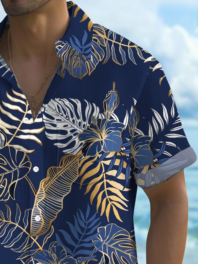 Hawaiian Plant Golden Leaves 3D Print Men's Button Pocket Short Sleeve Shirt