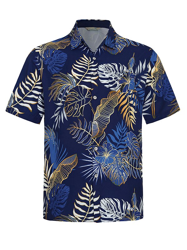 Hawaiian Plant Golden Leaves 3D Print Men's Button Pocket Short Sleeve Shirt