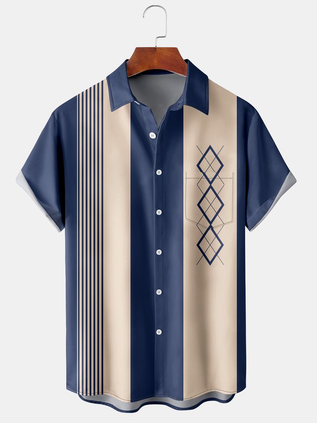 50's Vintage Men's Bowling Shirts Mid-Century Geometric Art Pocket Camp Shirt Big & Tall