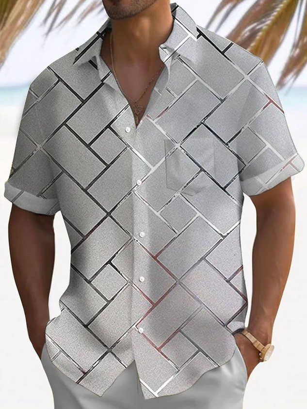 Retro Geometric 3D Tech Print Men's Button Pocket Short Sleeve Shirt