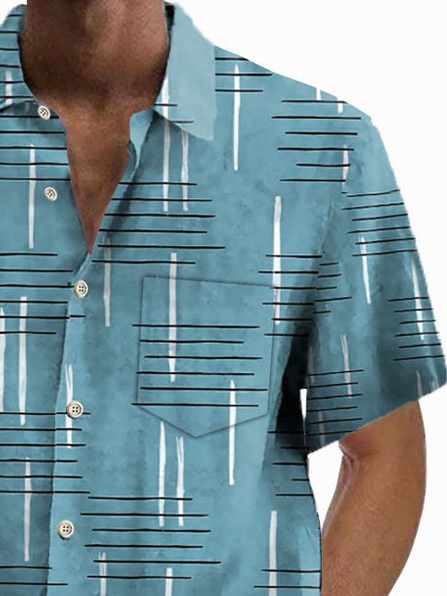 Retro Geometric Print Men's Button Pocket Short Sleeve Shirt