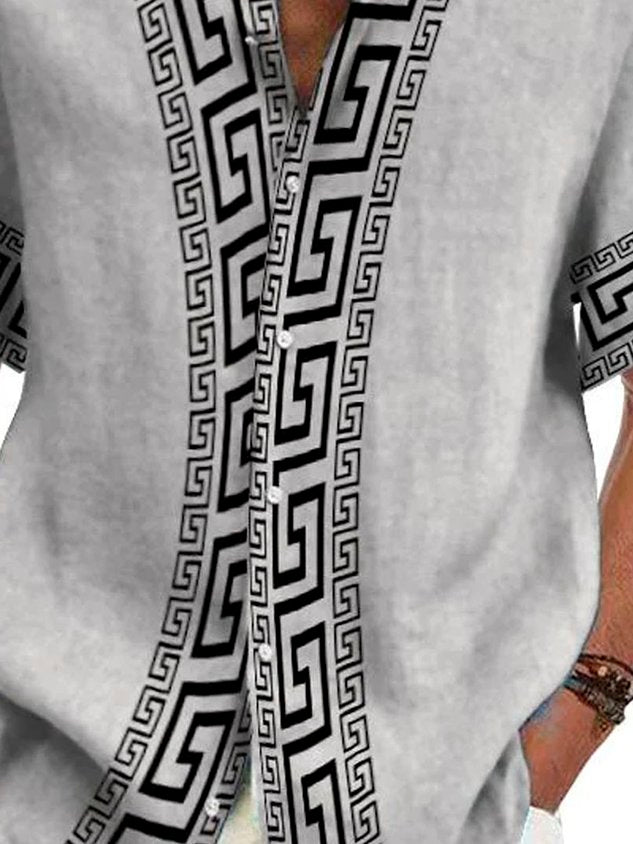 Retro Geometric Baroque Style Print Men's Button Pocket Short Sleeve Shirt