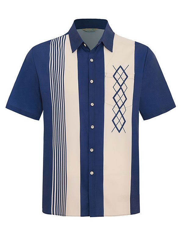 50's Vintage Men's Bowling Shirts Mid-Century Geometric Art Pocket Camp Shirt Big & Tall