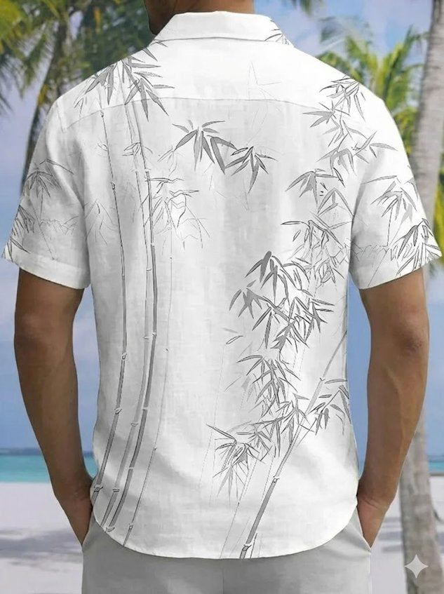 Vintage Bamboo Leaf 3D Digital Print Men's Button Pocket Short Sleeve Shirt Big & Tall