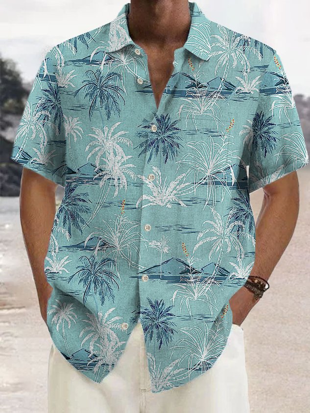 Cotton Linen Nature  Fiber Hawaiian Coconut Tree Blue Print Chest Bag Shirt Plus Size Holiday Shirt