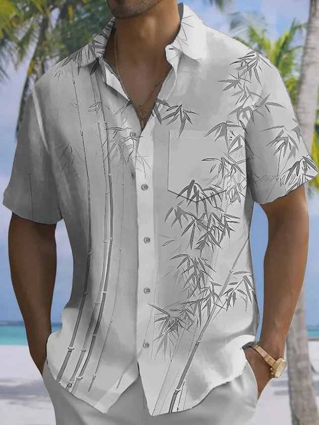 Vintage Bamboo Leaf 3D Digital Print Men's Button Pocket Short Sleeve Shirt Big & Tall