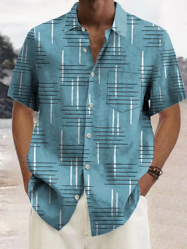 Retro Geometric Print Men's Button Pocket Short Sleeve Shirt
