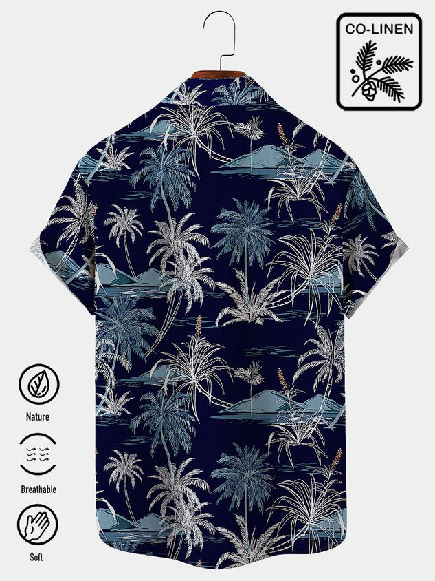 Cotton Linen Nature  Fiber Hawaiian Coconut Tree Blue Print Chest Bag Shirt Plus Size Holiday Shirt