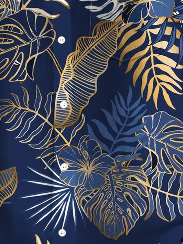 Hawaiian Plant Golden Leaves 3D Print Men's Button Pocket Short Sleeve Shirt