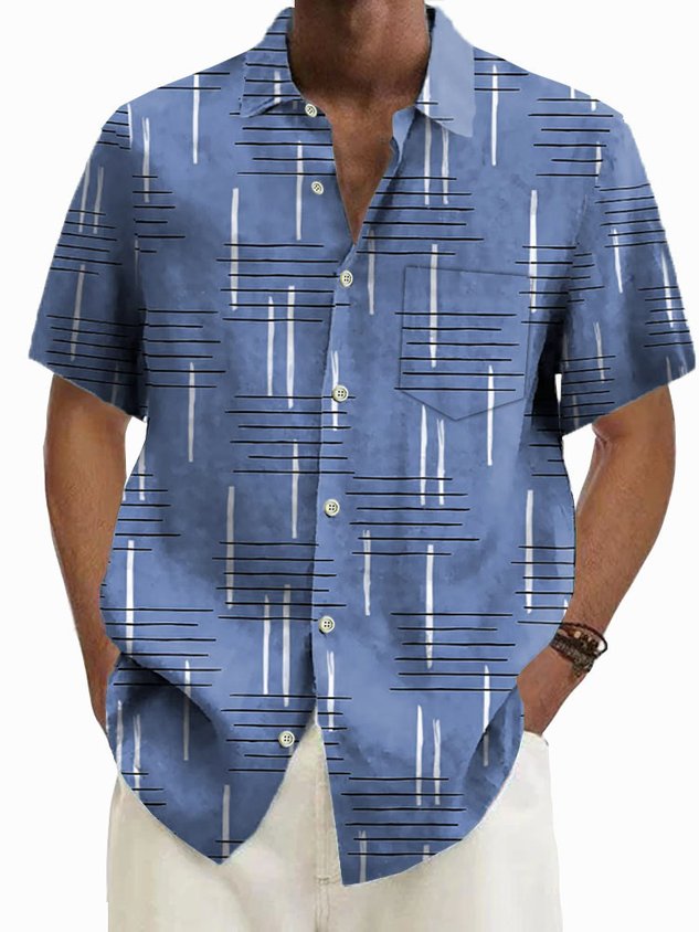 Retro Geometric Print Men's Button Pocket Short Sleeve Shirt
