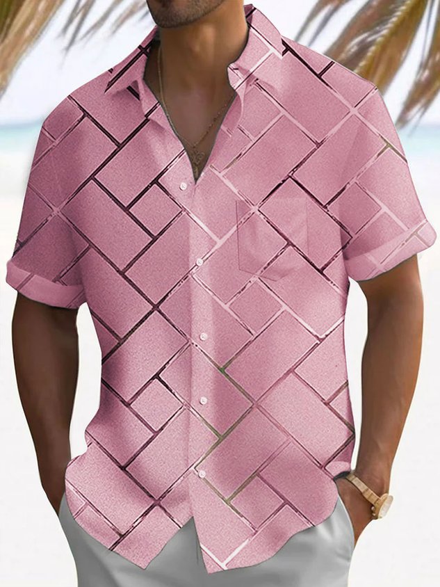 Retro Geometric 3D Tech Print Men's Button Pocket Short Sleeve Shirt