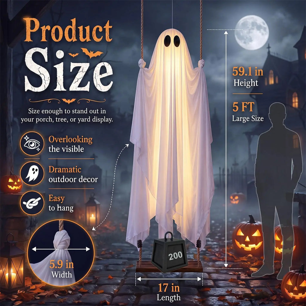 👻 5FT Hanging Halloween Ghost Decoration – Swinging Outdoor Yard Decor for Spooky Night Fun
