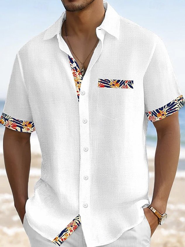 Hawaiian Floral Print Men's Button Pocket Short Sleeve Shirt Big & Tall
