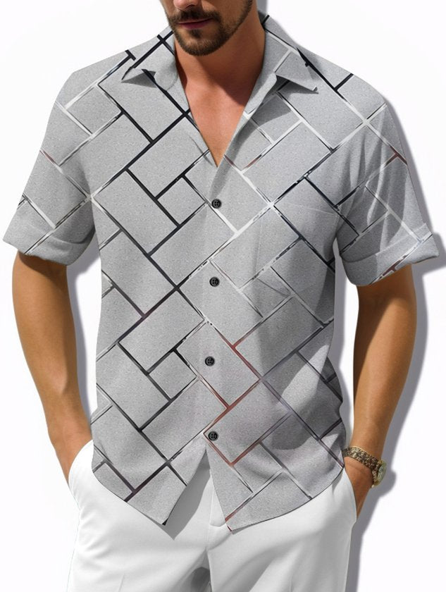 Retro Geometric 3D Tech Print Men's Button Pocket Short Sleeve Shirt