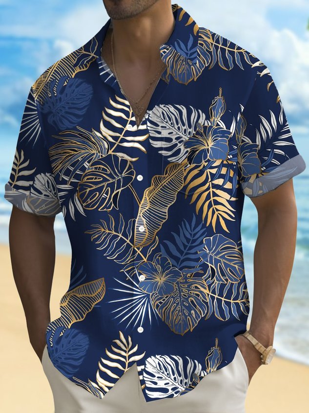 Hawaiian Plant Golden Leaves 3D Print Men's Button Pocket Short Sleeve Shirt