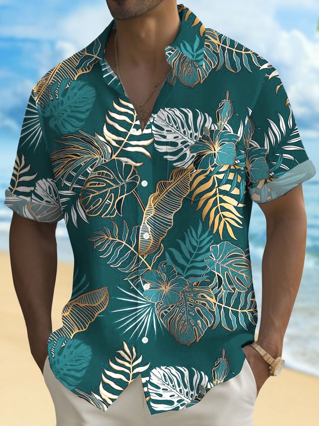 Hawaiian Plant Golden Leaves 3D Print Men's Button Pocket Short Sleeve Shirt