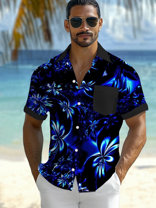 Hawaiian Floral 3D Print Men's Button Pocket Short Sleeve Shirt