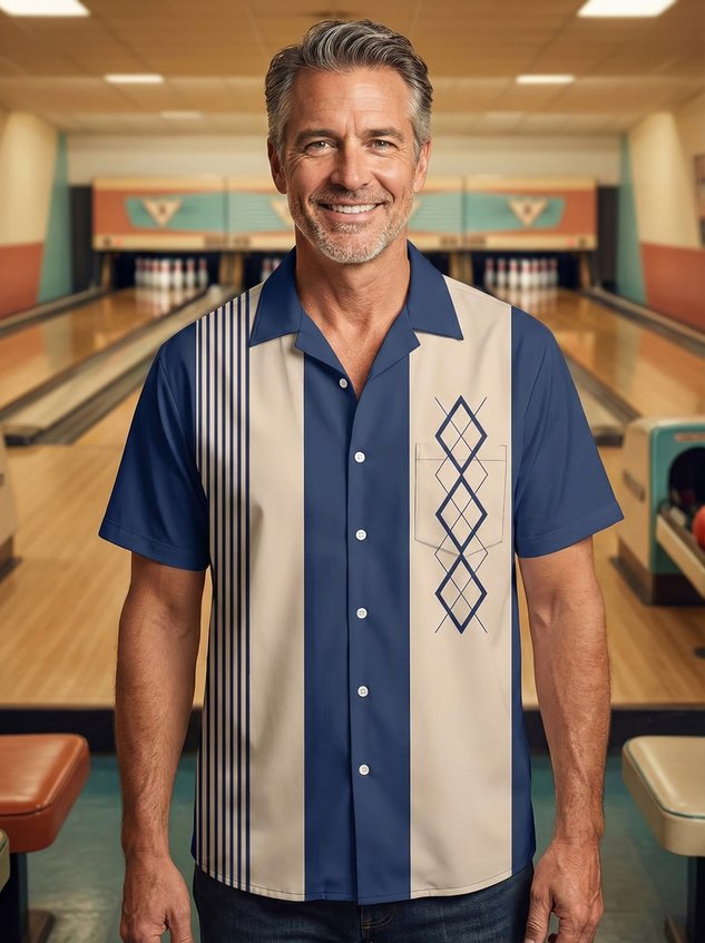 50's Vintage Men's Bowling Shirts Mid-Century Geometric Art Pocket Camp Shirt Big & Tall