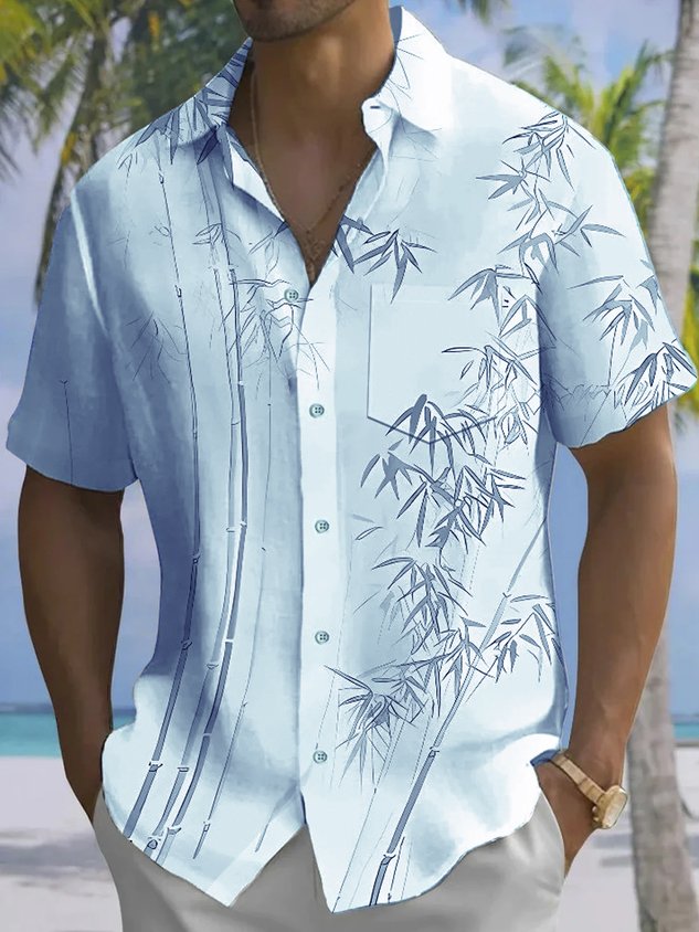 Vintage Bamboo Leaf 3D Digital Print Men's Button Pocket Short Sleeve Shirt Big & Tall