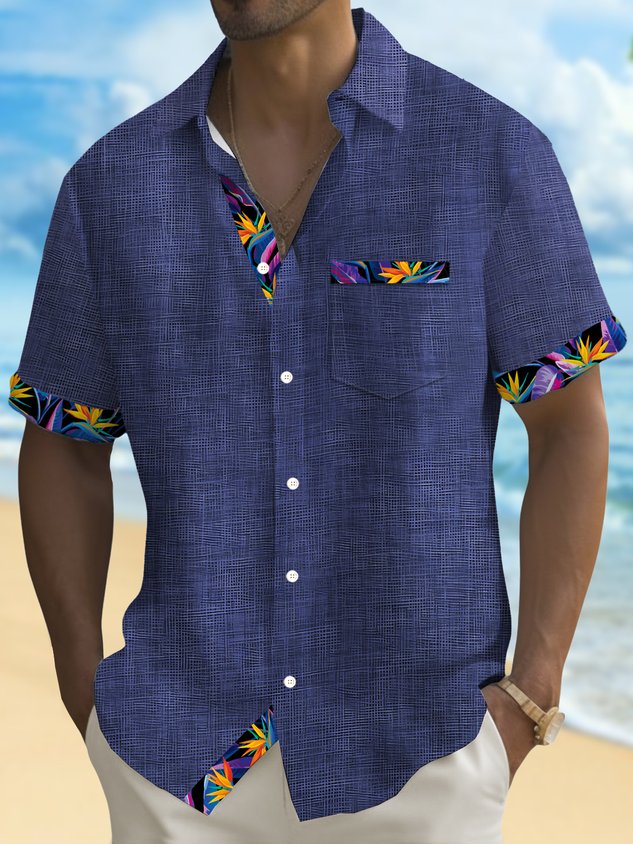 Vintage Hawaiian Floral Print Men's Button Pocket Short Sleeve Shirt Big & Tall