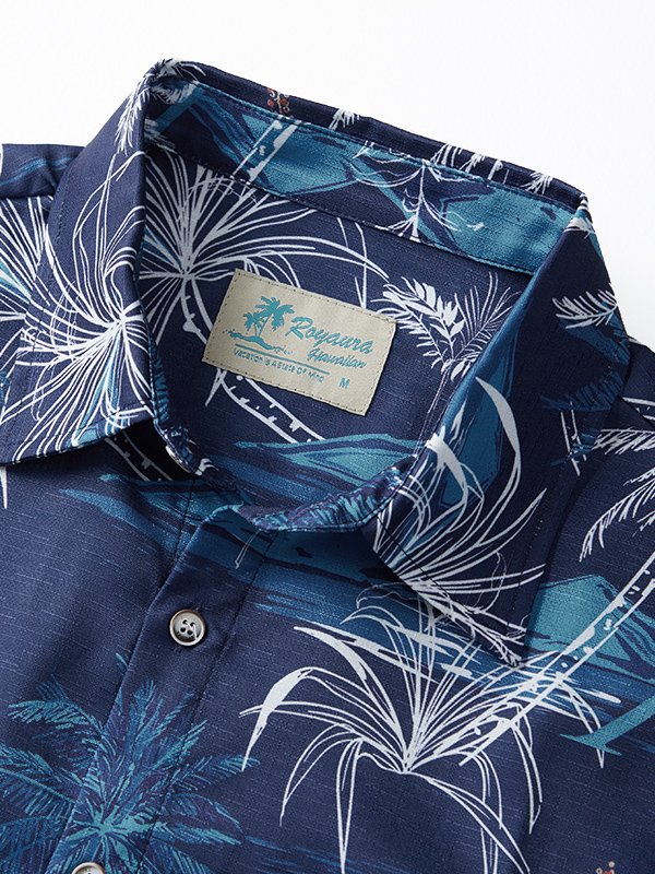 Cotton Linen Nature  Fiber Hawaiian Coconut Tree Blue Print Chest Bag Shirt Plus Size Holiday Shirt