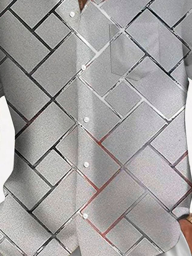 Retro Geometric 3D Tech Print Men's Button Pocket Short Sleeve Shirt