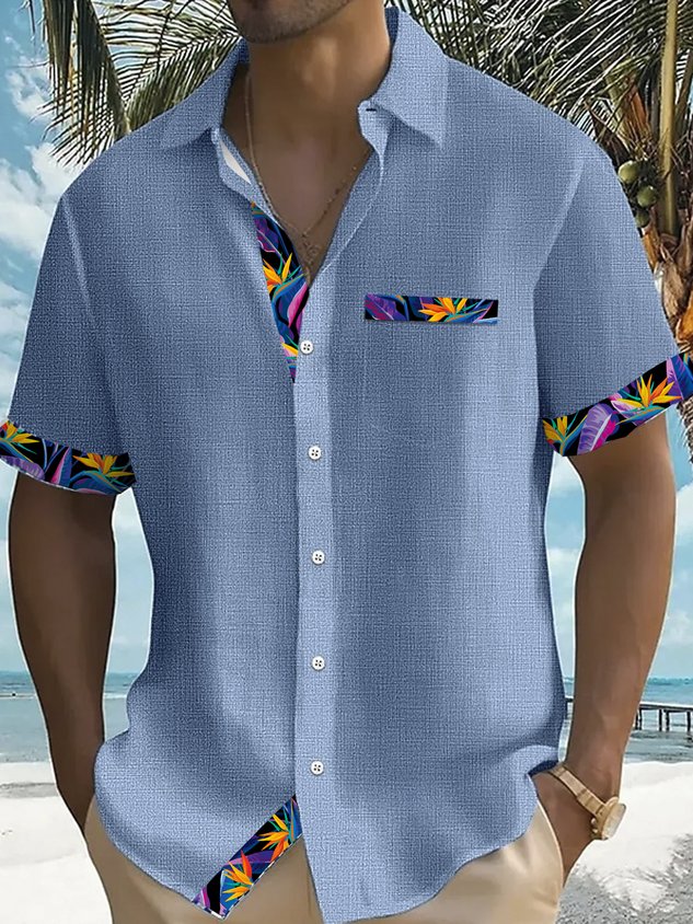 Vintage Hawaiian Floral Print Men's Button Pocket Short Sleeve Shirt Big & Tall